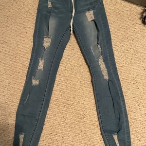 TEMU Stylish Blue Distressed Women's Jeans Drawstring waist, size Large NWOT